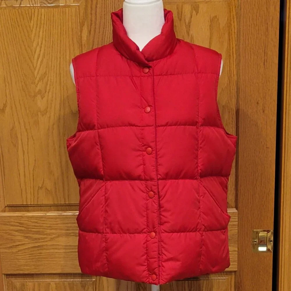 Lands' End Goose Down Snap Front Puffer Vest w Pockets Vibrant Red Sz M (10-12)